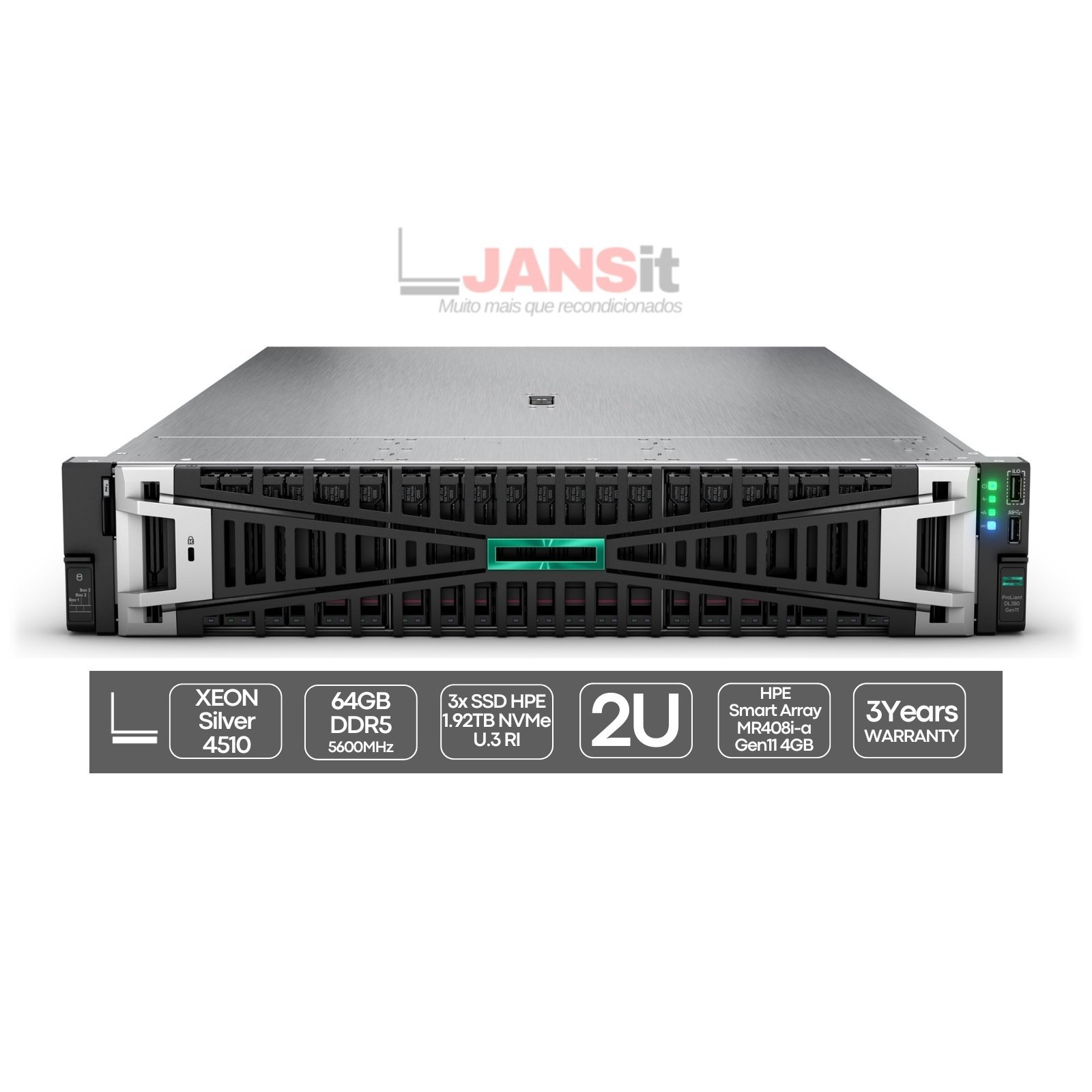 HP ProLiant DL380 G11 | Xeon Silver 4510 | 64GB | 3xSSD 1.92TB | MR408i | 2x Fontes 1000W